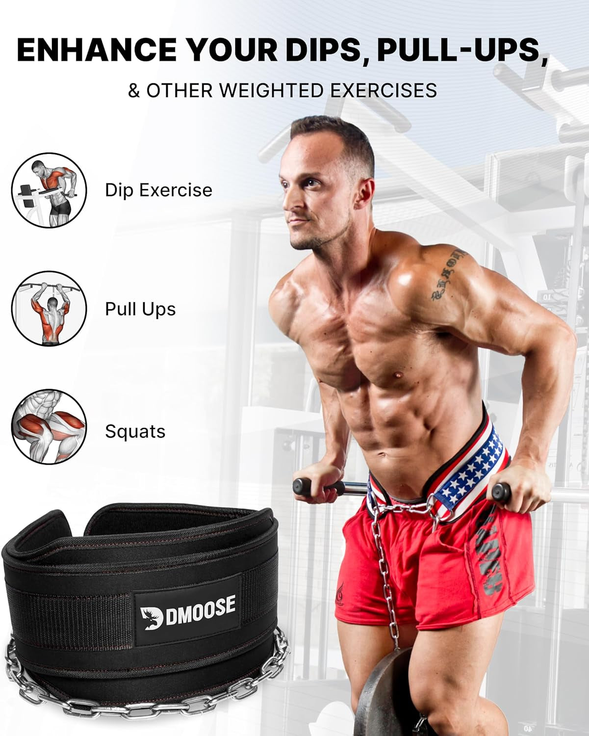 Dip Belt for Weightlifting, Weight Belt with Chain for Pullup, Gym Lifting Belt for Powerlifting, Squat, Bodybuilding, Heavy Duty Steel, Workout Belt with Comfortable Neoprene Support